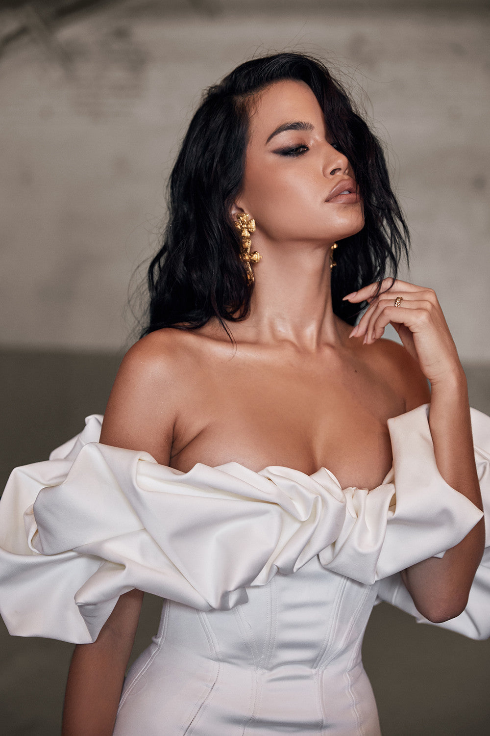Off Shoulder Ruffle Trim Satin Mini Dress
