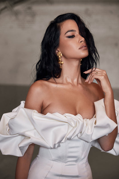 Off Shoulder Ruffle Trim Satin Mini Dress