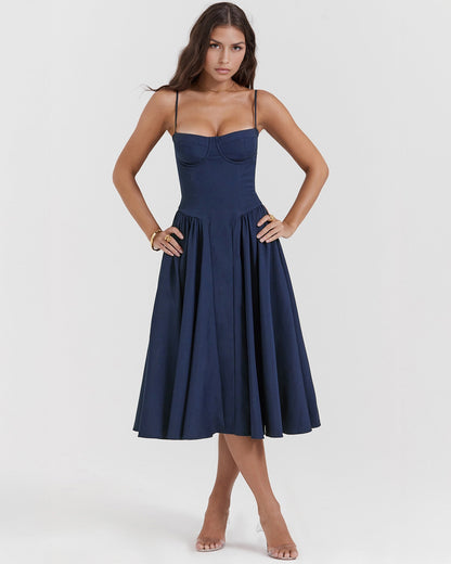 Bustier Spaghetti Strap Underwire Cup Dropped Waist Pleated Midi Dress