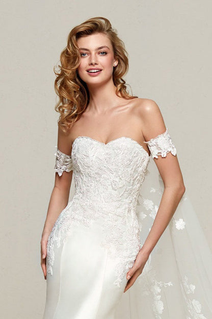 Simple Off Shoulder Satin Mermaid Detachable Train Wedding Dress