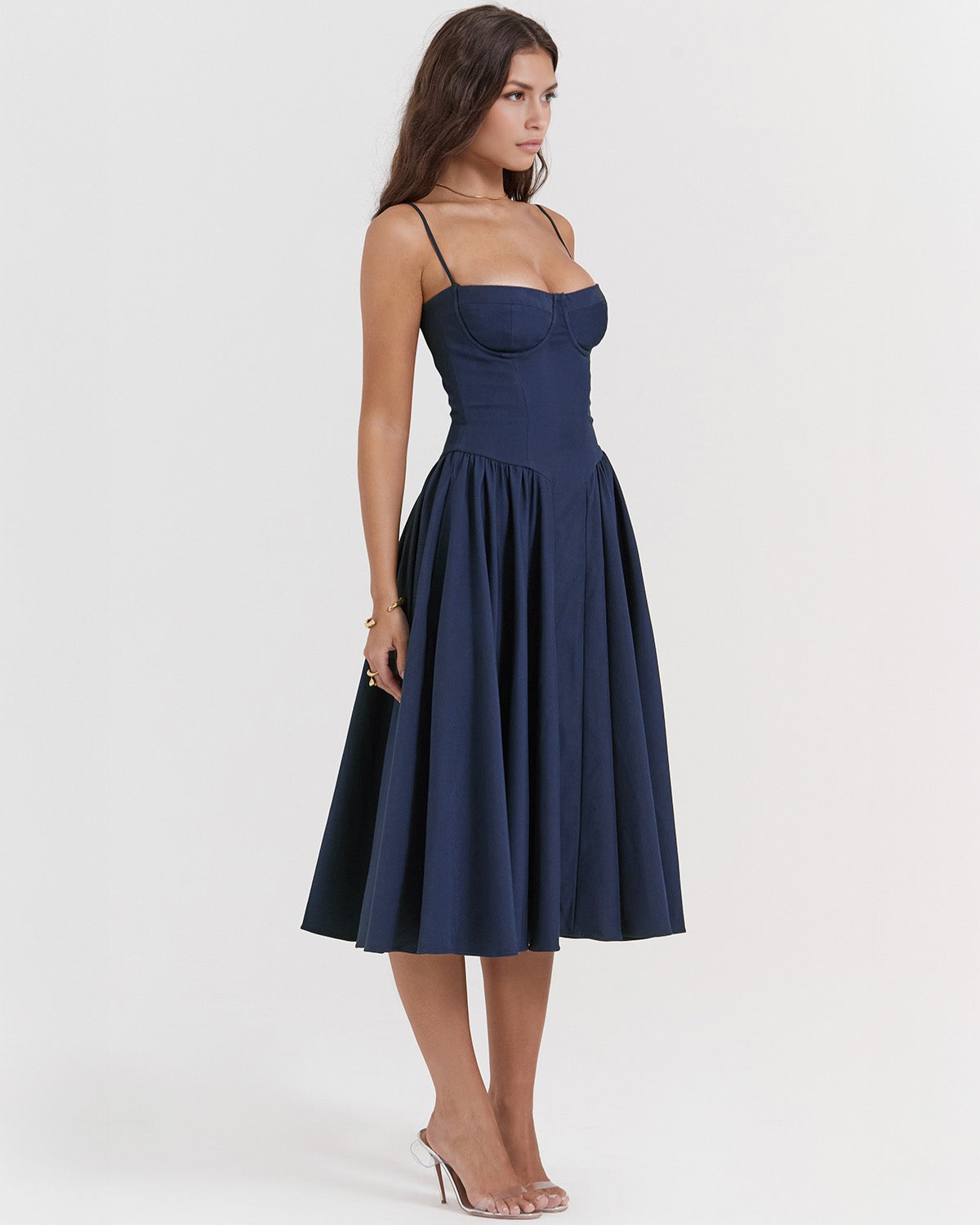Bustier Spaghetti Strap Underwire Cup Dropped Waist Pleated Midi Dress