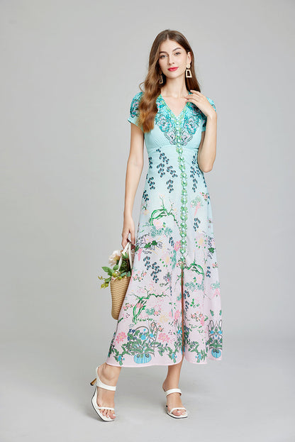 Botanical Floral Print Button Front Short Sleeve A-Line Maxi Dress