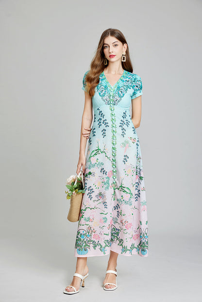 Botanical Floral Print Button Front Short Sleeve A-Line Maxi Dress