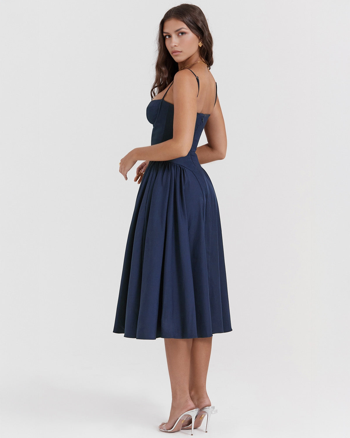 Bustier Spaghetti Strap Underwire Cup Dropped Waist Pleated Midi Dress