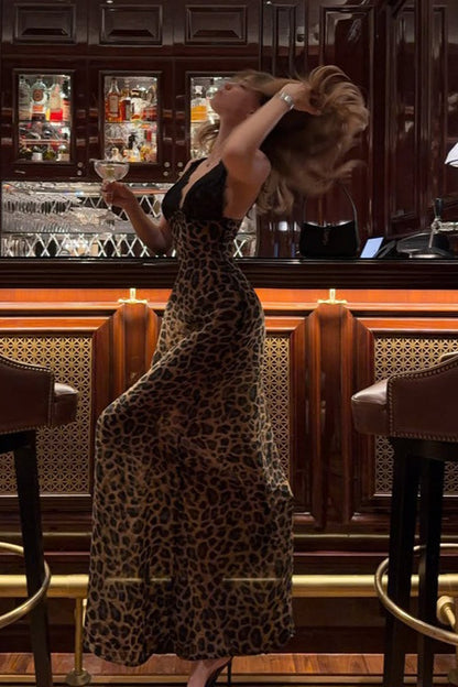 Lace Trim Leopard Halter Backless Mermaid Fit Lace Dress
