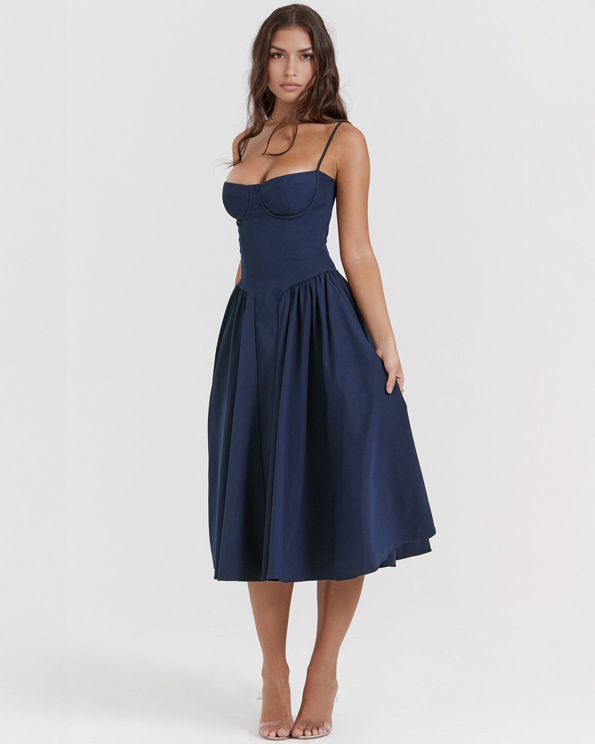 Bustier Spaghetti Strap Underwire Cup Dropped Waist Pleated Midi Dress