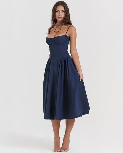 Bustier Spaghetti Strap Underwire Cup Dropped Waist Pleated Midi Dress