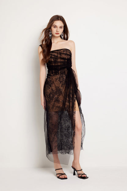 Fishbone Lace Gauze High Slit Bodycon Midi Dress