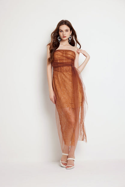Fishbone Lace Gauze High Slit Bodycon Midi Dress