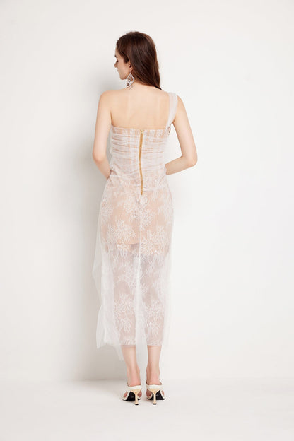 Fishbone Lace Gauze High Slit Bodycon Midi Dress