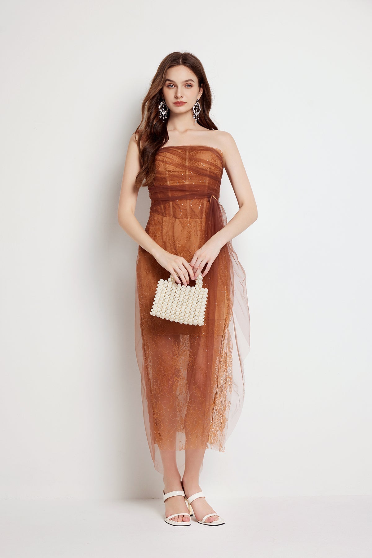 Fishbone Lace Gauze High Slit Bodycon Midi Dress