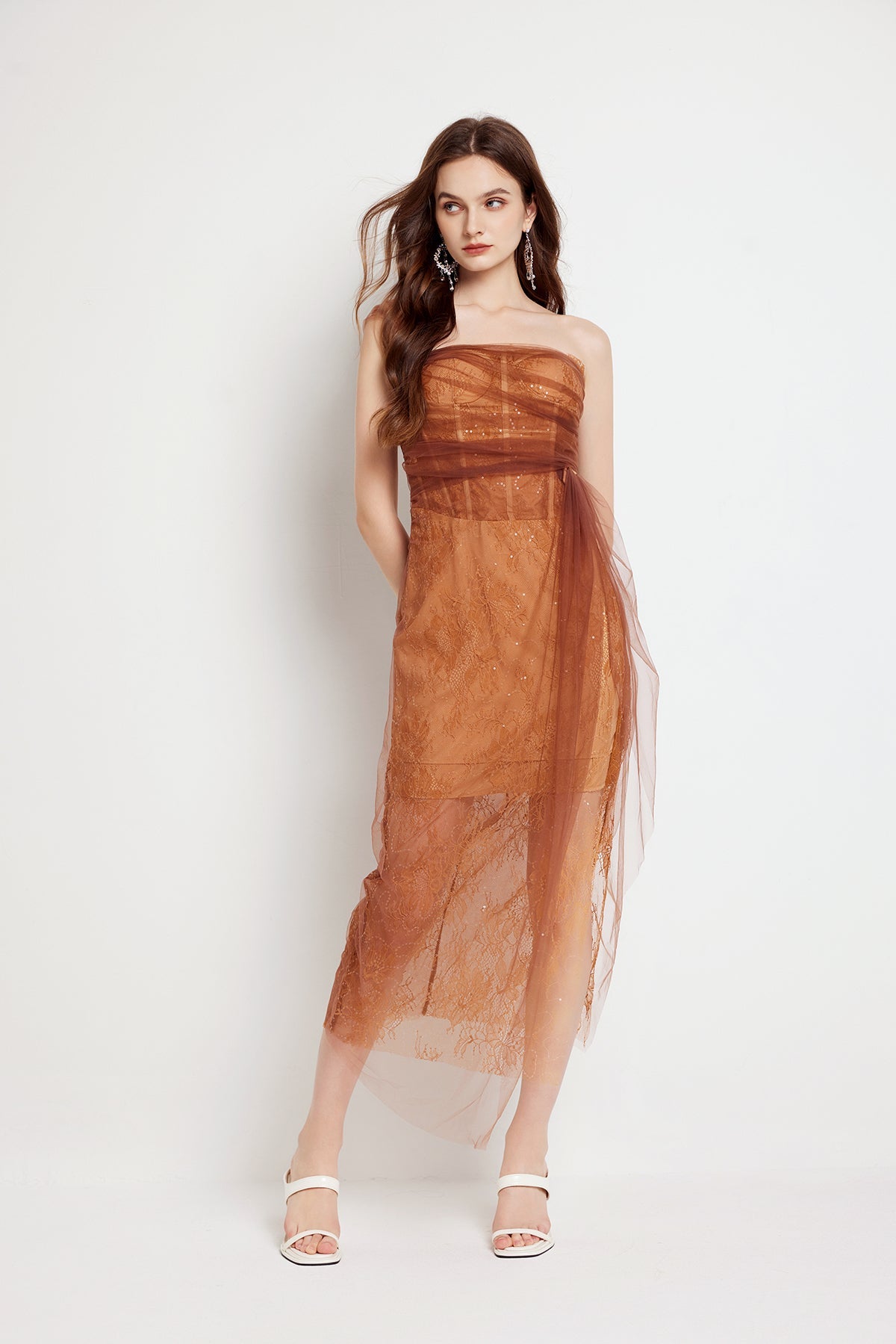 Fishbone Lace Gauze High Slit Bodycon Midi Dress