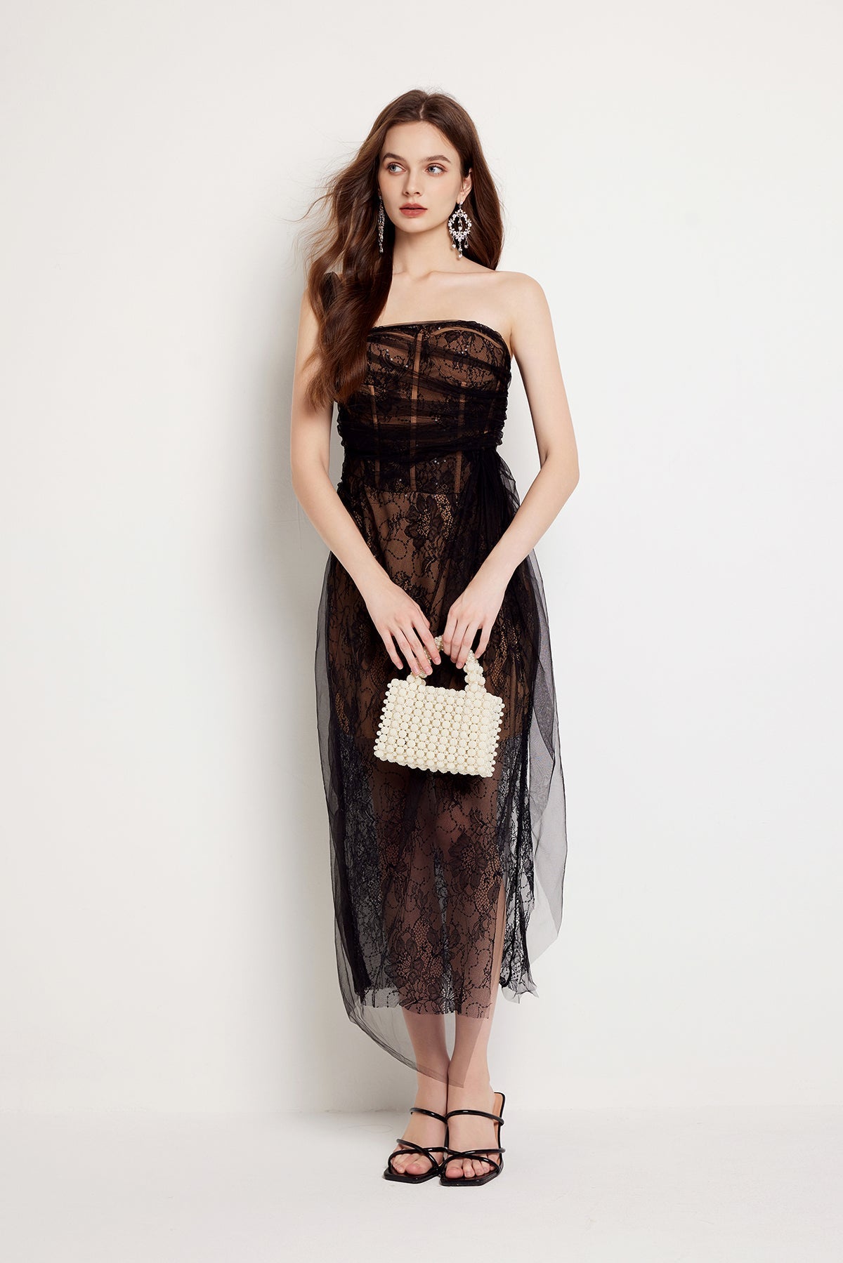 Fishbone Lace Gauze High Slit Bodycon Midi Dress