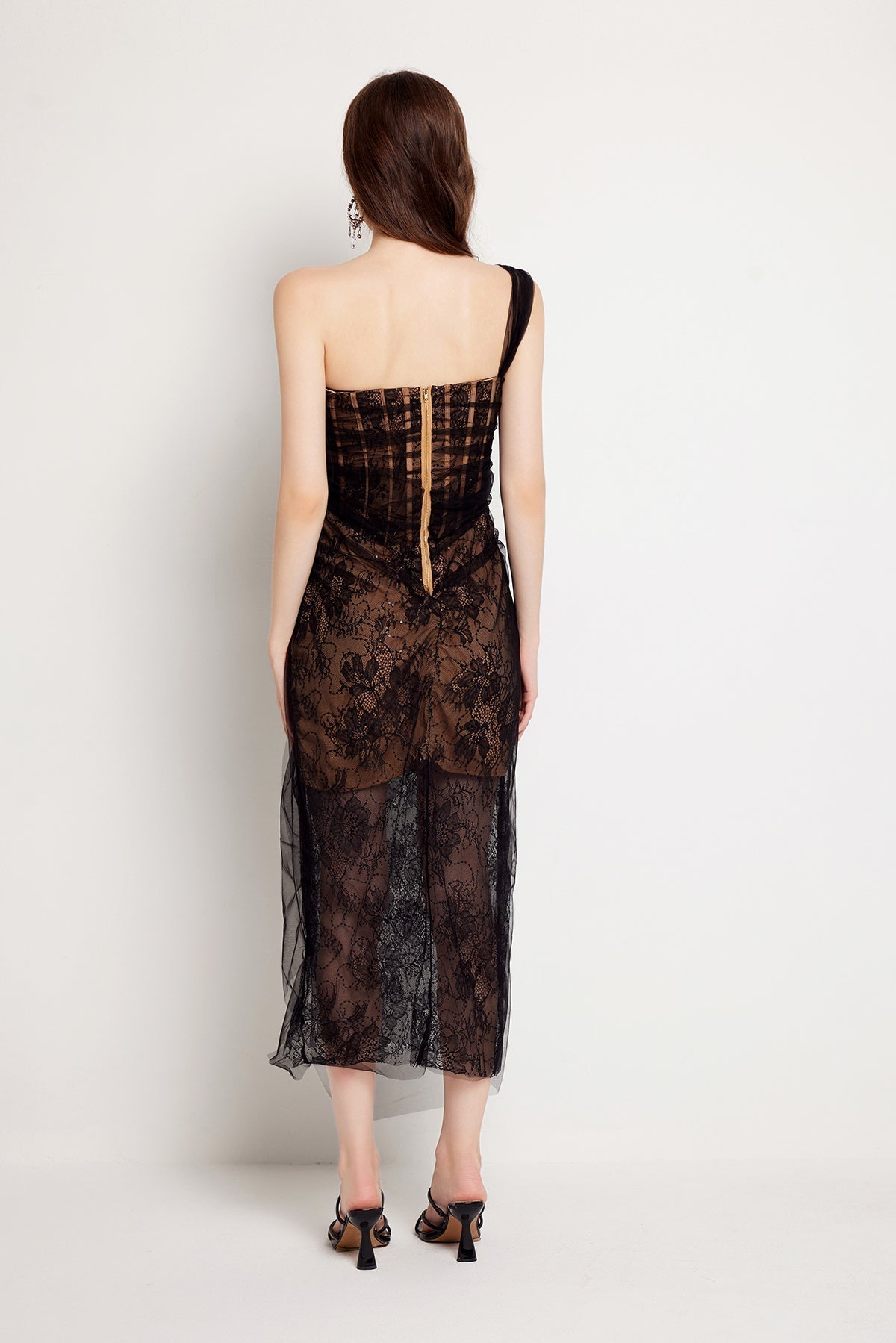 Fishbone Lace Gauze High Slit Bodycon Midi Dress