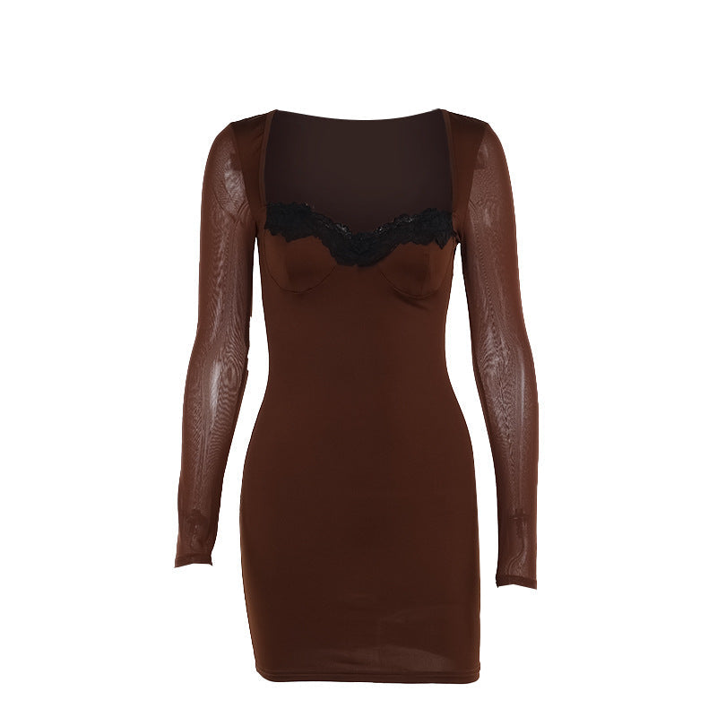 Wide Scoop Neck Lace Trim Underwire Bustier Mesh Sleeve Bodycon Mini Dress