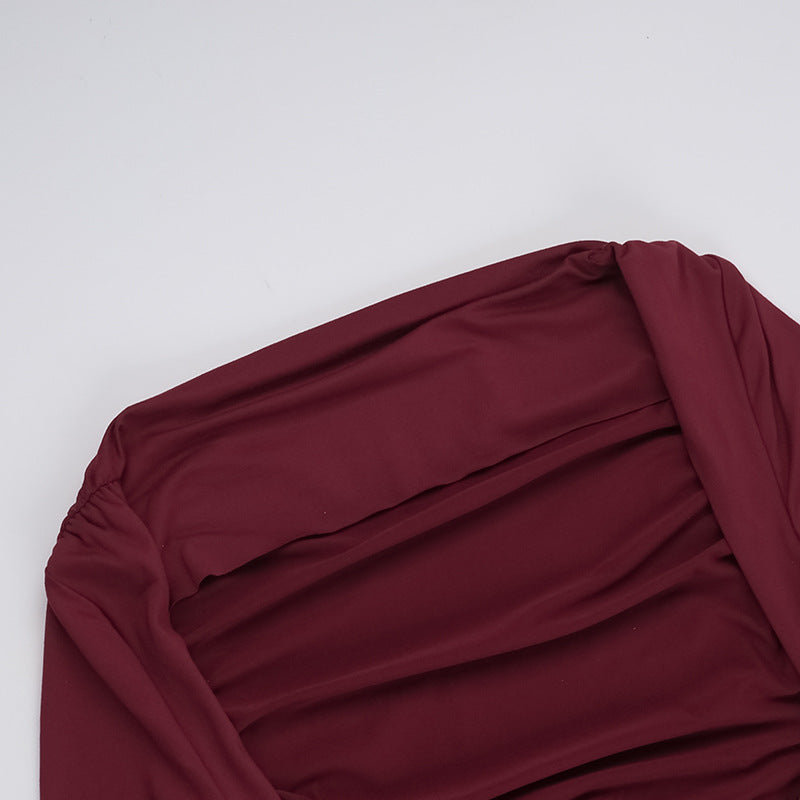 Long Sleeve Deep Open Back Ruched Column Maxi Gown