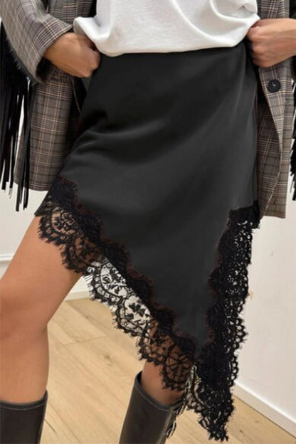 Lace Trim Side Slit Irregular Satin Skirt