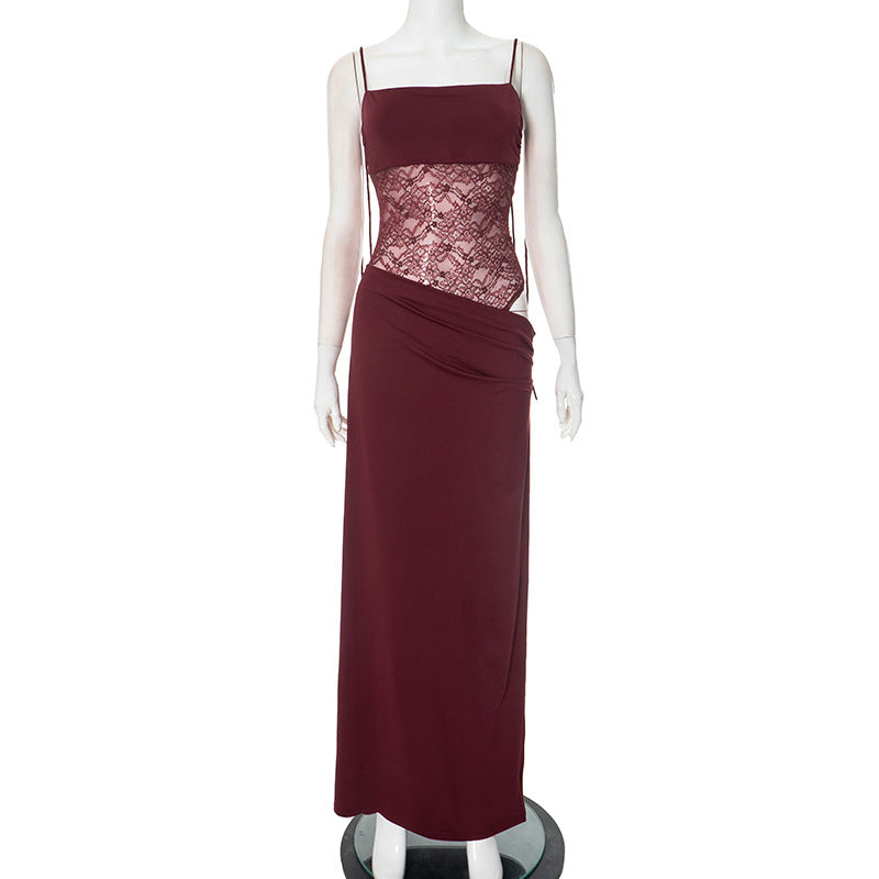 Spaghetti Strap Square Neck Lace Waist Panel Bodycon Maxi Dress