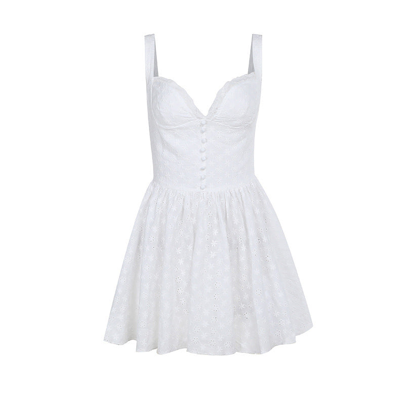 Eyelet Lace Corset Button Front Sweetheart Flared Mini Dress
