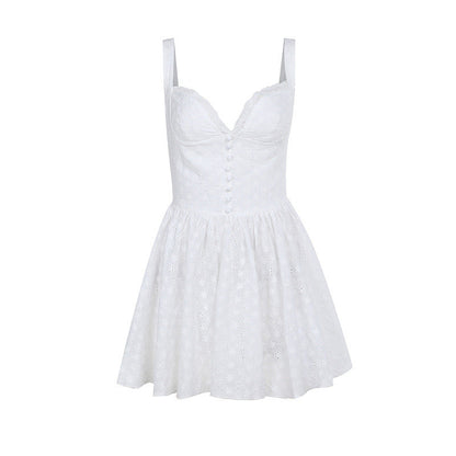 Eyelet Lace Corset Button Front Sweetheart Flared Mini Dress