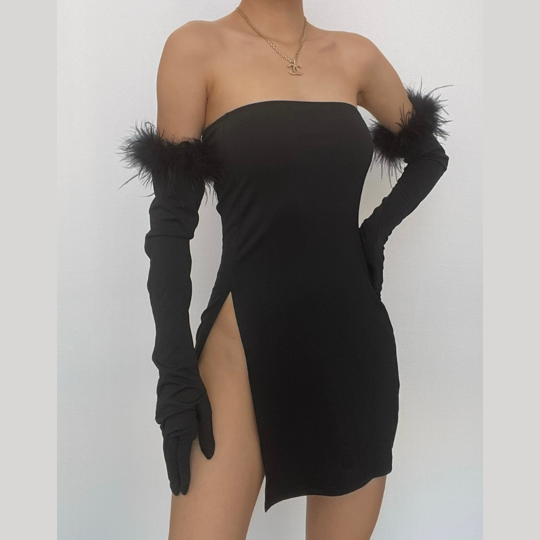 Strapless Feather Trim Opera Glove High Slit Tube Mini Dress