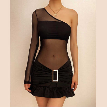 One Shoulder Mesh Bodice Metal Buckle Ruched Low Rise Ruffle Hem Mini Dress