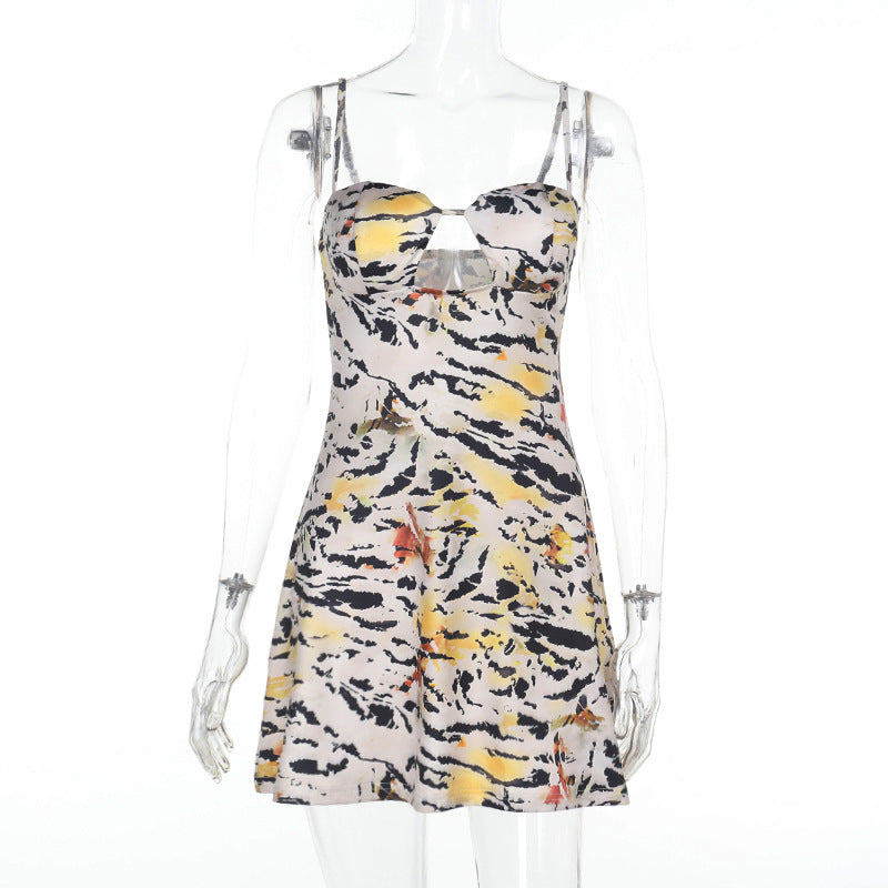 Sweetheart Keyhole Spaghetti Strap Abstract Brushstroke Mini Dress