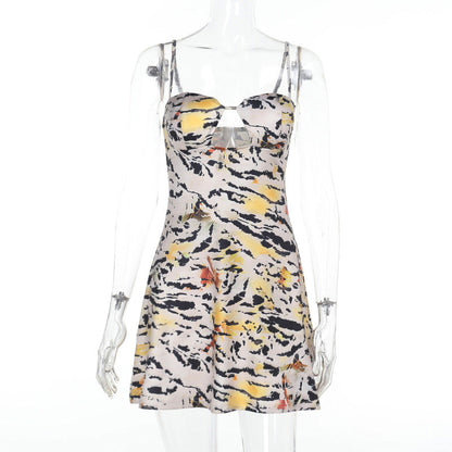 Sweetheart Keyhole Spaghetti Strap Abstract Brushstroke Mini Dress