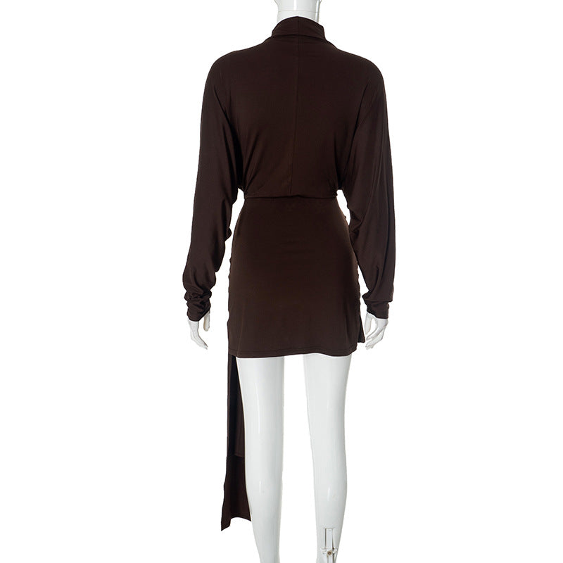 Mock Neck Long Sleeve Metal Cuff Ruched Drape Mini Dress