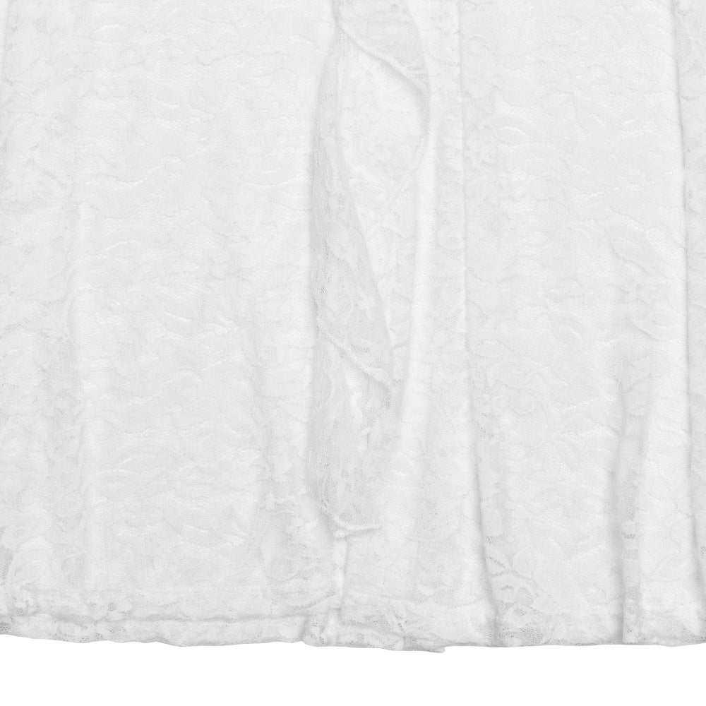 Halter Ruched Lace Insert Front Ruffle Panel Maxi Dress