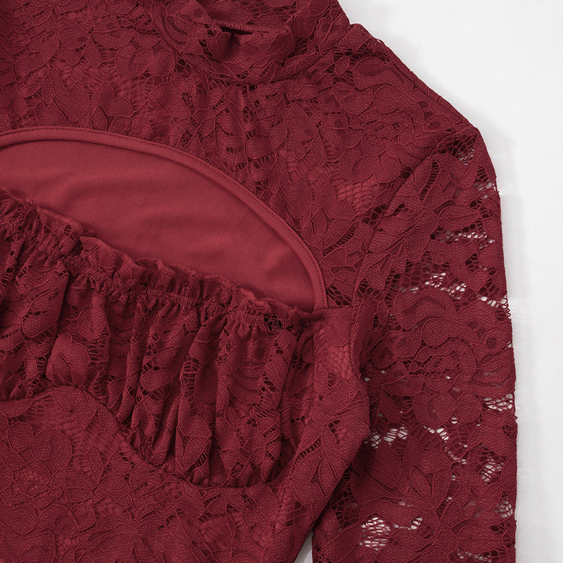 Mock Neck Chest Cutout Floral Lace Bell Sleeve Bodycon Mini Dress