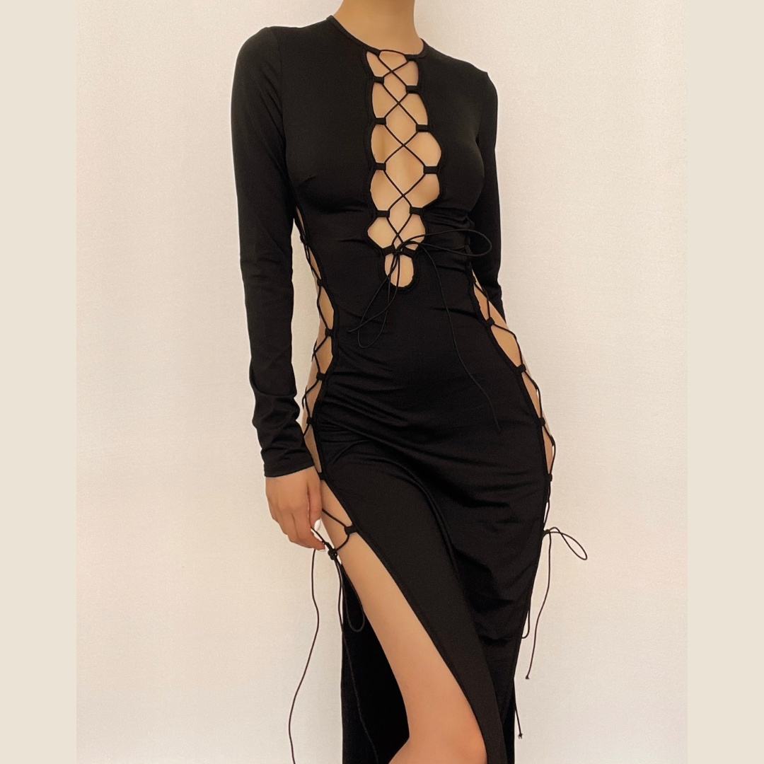 Long Sleeve Front Lace-Up Chest Cutout Side Slit Bodycon Maxi Dress