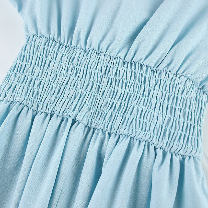 Sweetheart Neck Tie Front Smocked Puff Sleeve Linen Midi Dress