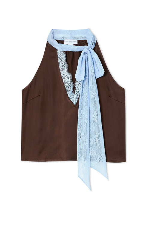 Sleeveless V Neck Lace Trim Satin Scarf Top