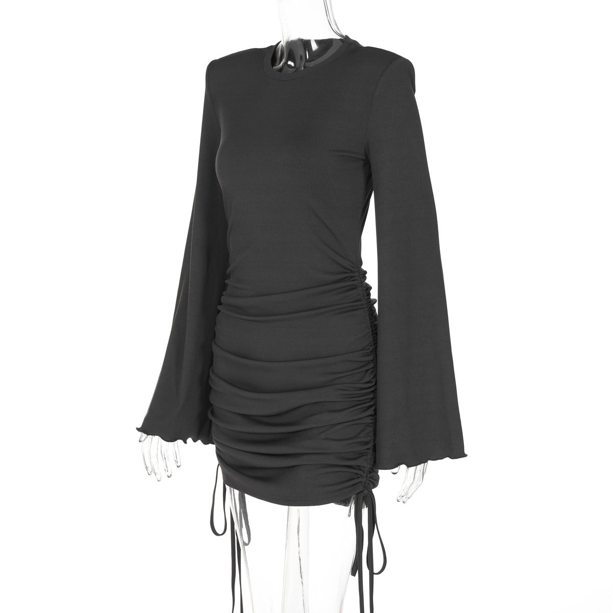Crew Neck Bell Sleeve Side Ruched Drawstring Mini Dress