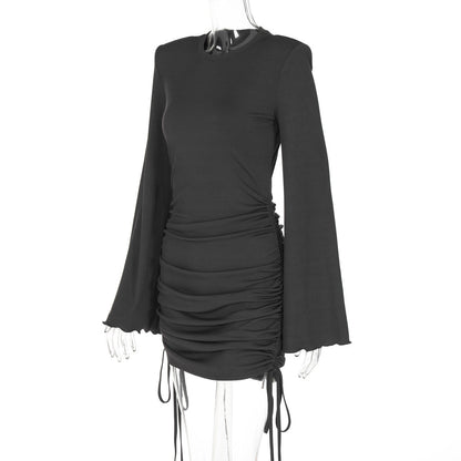 Crew Neck Bell Sleeve Side Ruched Drawstring Mini Dress