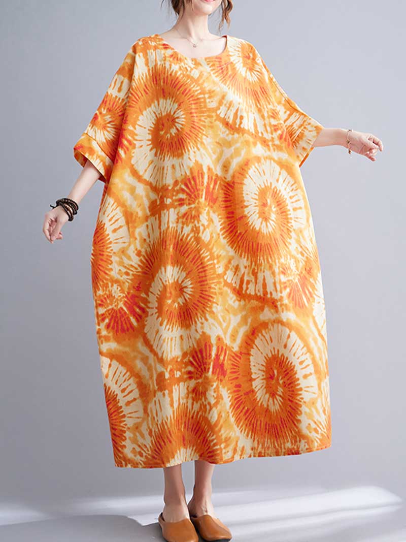 Round Neck Short Sleeve Sunburst Print Oversized Midi Dress