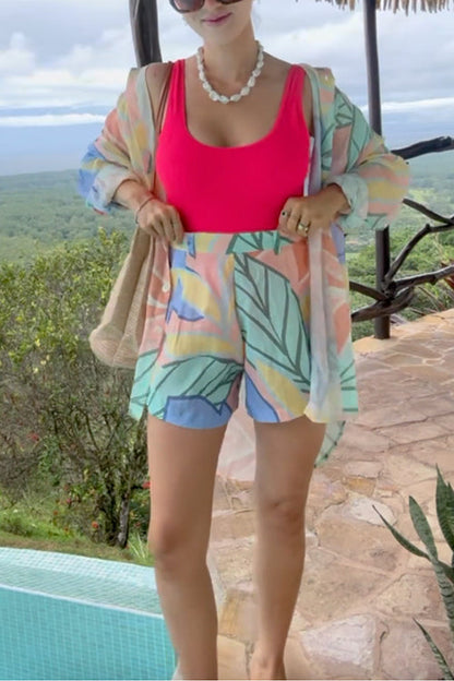 Unique Print Long Sleeves Button Up Shirt and Pocketed Shorts Linen Set