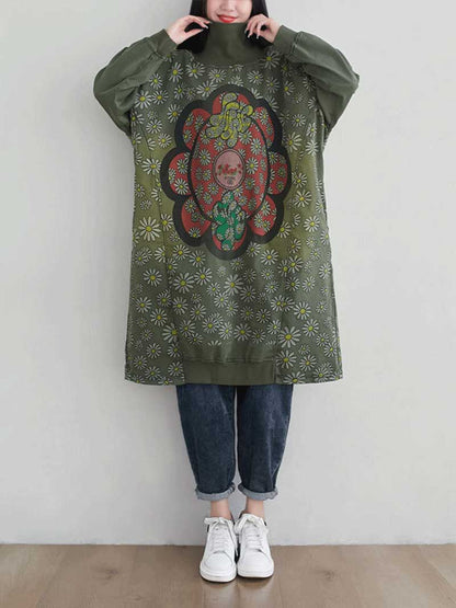 Turtleneck Floral Daisy Print Oversized Sweatshirt Midi Dress