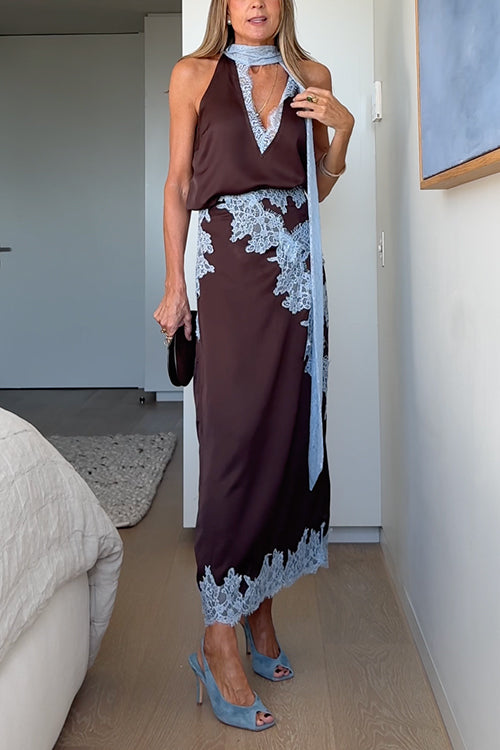 Sleeveless V Neck Lace Trim Satin Scarf Top