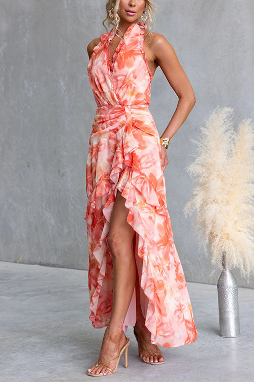 Halter V Neck Backless Floral Print Ruffle Slit Maxi Dress