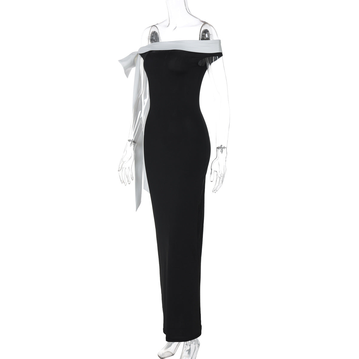 Off Shoulder Oversized Bow Sash Column Maxi Gown