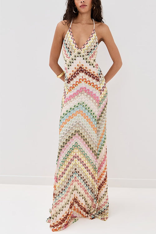 V Neck Open Back Colorful Print Maxi Dress