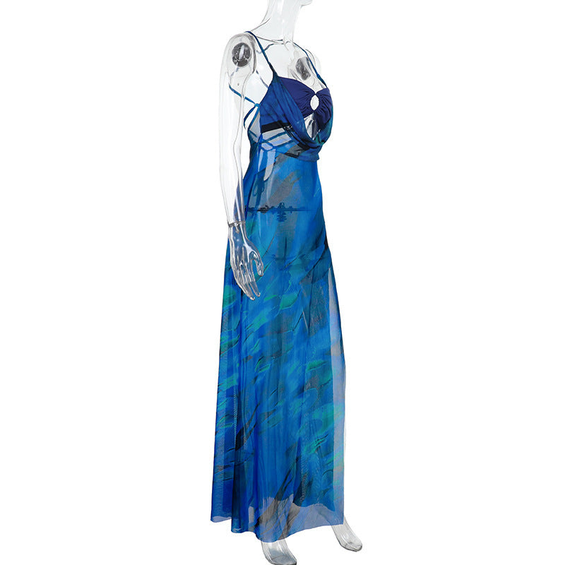 Cowl Neck Spaghetti Strap Ring Link Bust Cutout Marble Print Slit Maxi Dress