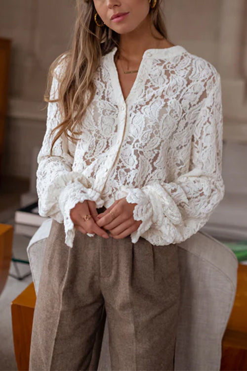 Ruffle Long Sleeves Button Up Lace Shirt