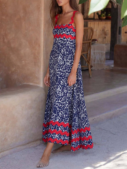 Print Scalloped Trim Square Neck Sleeveless Maxi Dress