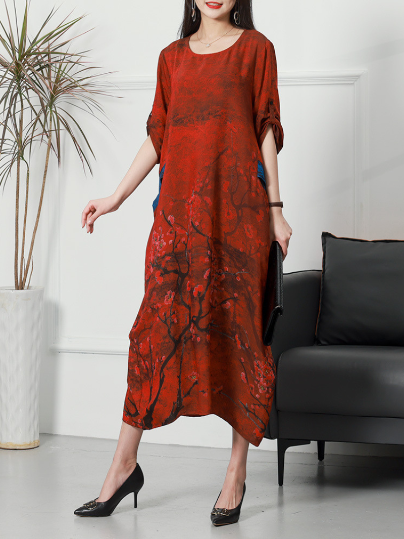 Round Neck Three Quarter Sleeve Blossom Print Pocket Midi Dress