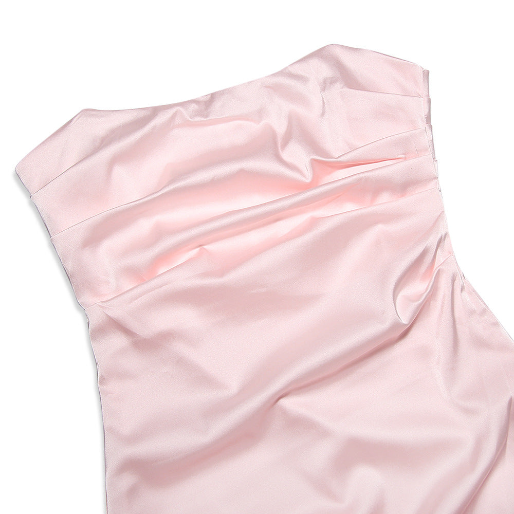 Strapless Ruched Satin Handkerchief Hem Mini Dress