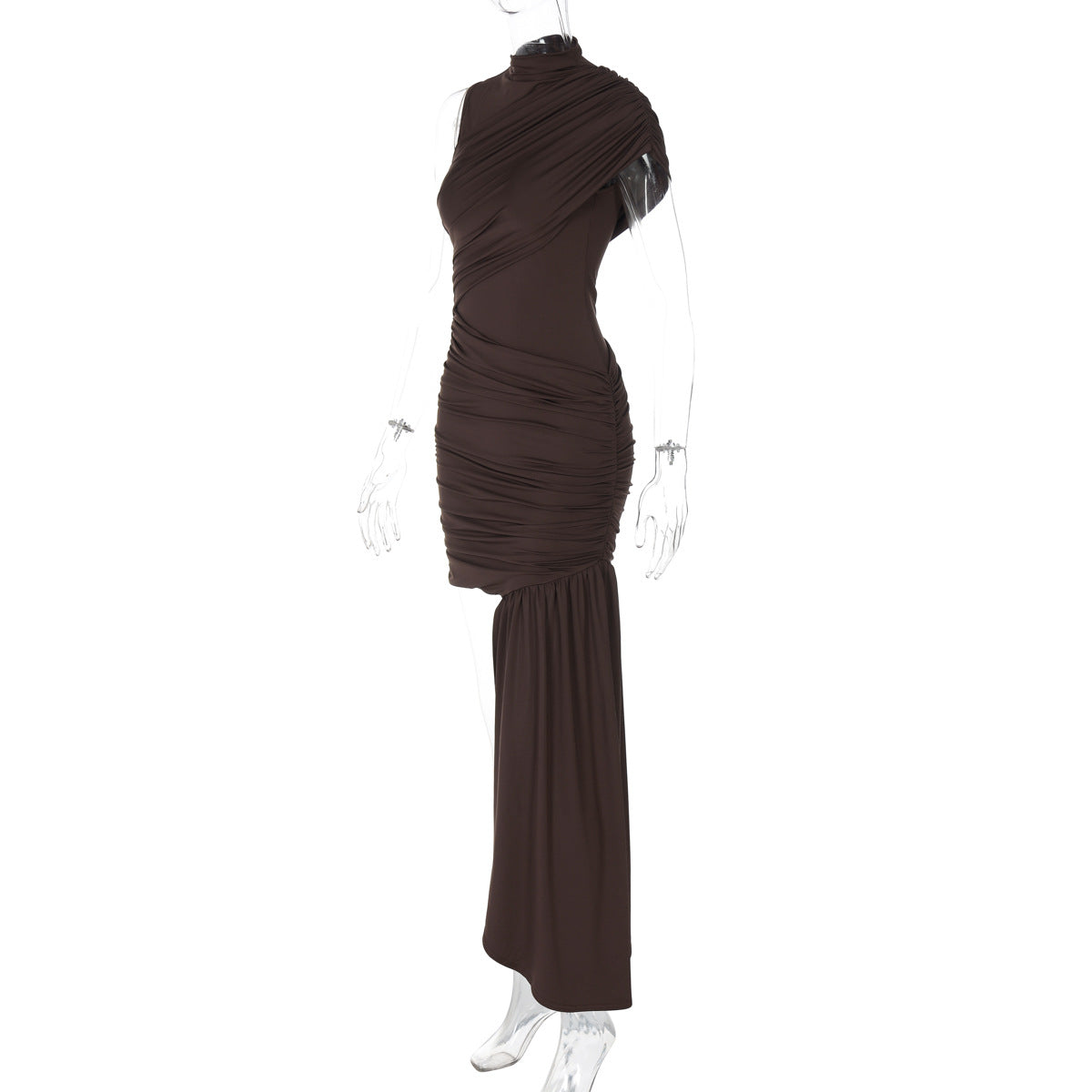 Mock Neck Ruched Asymmetric Train Mini Dress