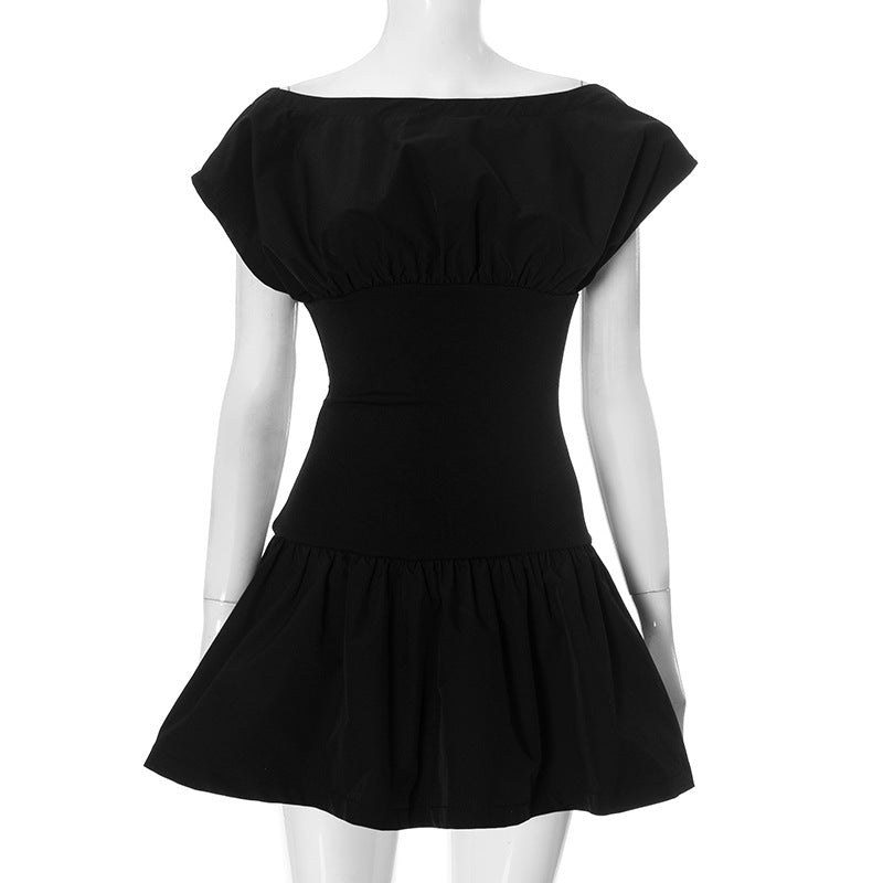 Boat Neck Cap Sleeve Fit and Flare Pleated Skater Mini Dress
